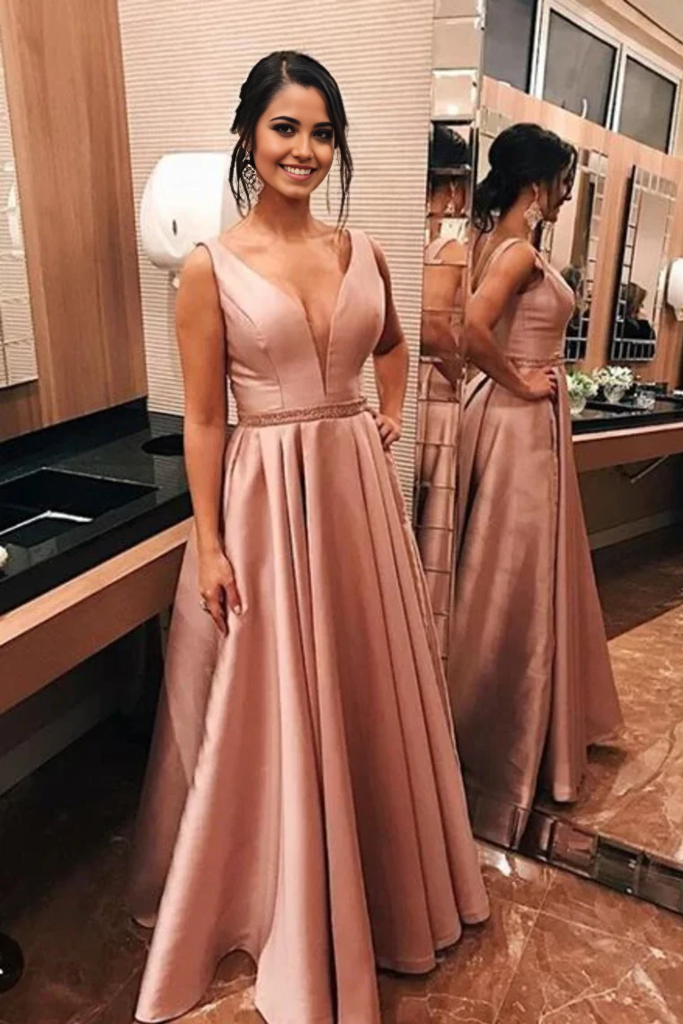 Vestidos de noche formales con escote en V, cuentas y longitud hasta el suelo, vestidos de fiesta